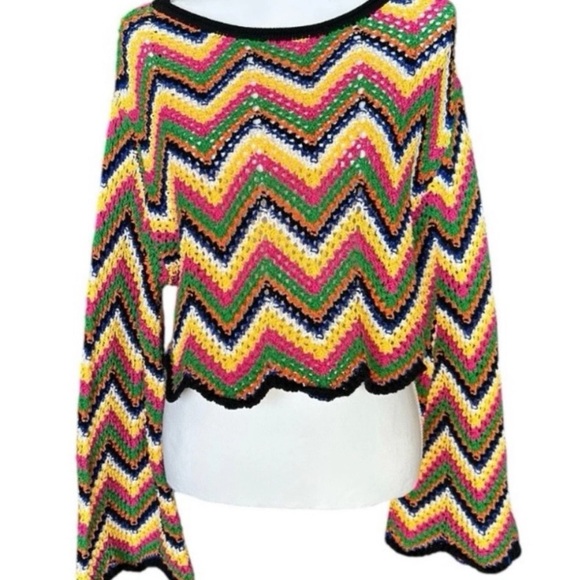 ZARA KNIT Multicolor Cropped Crochet Sweater Long Bell Sleeve ZigZag sz M - Picture 2 of 8